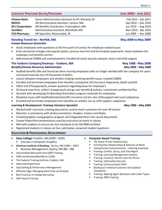 Blacker 2 
CONTRACT POSITIONS DUTIES/POSITIONS JUNE 2009 – JUNE 2011 
Citizens Bank: Senior Administrative Assistant to VP, Warwick, RI Feb 2011 – Oct 2011 
NESCO: HR Administrative Assistant, Canton, MA Sep 2010 – Dec 2010 
BJ’s Corporation: HR Benefits Coordinator, Framingham, MA Jun 2010 – Aug 2010 
Covidien: Administrative Assistant, Mansfield, MA Mar 2010 – Apr 2010 
CVS Pharmacy: HR Specialist, Woonsocket, RI Jun 2009 – Dec 2009 
Kiessling Transit Inc - Norfolk, MA May 2008 to May 2009 
Human Resources Generalist 
 Assist employees with questions as the first point of contact for employee related issues 
 Enter personnel changes into payroll system, process new hire and termination paperwork, liaison between the employee and benefits carriers 
 Administered COBRA and unemployment, handled all social security requests, levy's and child support 
The Foxboro Company/Invensys - Foxboro, MA May 1988 - May 2008 
Benefits/Human Resources Administrator May 2004 – May 2008 
 Audited benefits bills and found we were insuring employees who no longer worked with the company for years and saved Invensys tens of thousands of dollars. 
 Liaison between employees and vendors helping resolving benefit issues, tracked COBRA 
 Enrolled and terminate employees from benefits, Completed Life Insurance Paperwork, Death and EOI 
 FMLA and STD paperwork, answer questions regarding leave for employee's 
 On board new hires, collect I-9 paperwork and go over benefit & policies, maintained confidential files 
 Assisted with developing On-Boarding Orientation program materials for employees 
 Resolved issues with health/dental/vision/life insurance carriers also child support and court subpoenas 
 Enrolled and terminate employees from benefits as needed, set up child support, subpoenas 
Learning & Development: Training Literature Specialist May 1988 – May 2004 
 Worked with instructor creating documents used to teach customers for over 40 classes 
 Maintain a consistency with all documentation: Headers, Footers and Styles 
 Created graphics using graphics program and integrated them into course documents 
 Create PowerPoint presentations used by instructors to teach in classes 
 Met with auditors to ensure we met standards to be ISO 9000 certified 
 Registered students in classes on line, sold books, answered student questions EDUCATION & PROFESSIONAL DEVELOPMENT 
 Dean College: Franklin, MA (9/90 – 9/95) 
 Courses in Computer Graphics 
 American Institute of Banking: Quincy, MA (1986 – 1987) 
 Business Management, Quincy, MA (86 – 88) 
 Intermediate Microsoft Excel 2007 Training 
 CORI Certification/Workforce (1/09) 
 The Foxboro Training Institute, Foxboro, MA 
 Advanced PowerPoint 
 Goal Setting & Performance Management 
 Effective Edge: Managing Work Flow via Outlook 
 Best Practices in College Recruiting 
 ADP Payroll Training 
 Computer Based Training: 
 The Value of Peer Relationships 
 Forming Peer Relationships & Alliances at Work 
 Interpersonal Communication: Listening Essentials 
 Training: Conflict, Stress, and Time Mgmt 
 Training: Learning Management Systems 
 Training: Customer Service over the Phone 
 Training: Information Security 
 Training: Communication Skills 
 Dealing w/ Irrational Customer.& Escalation Complaints 
 Training: Aligning Agent Behaviors with Caller Types 
 Training: IPMS Training 
