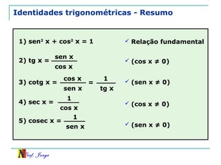Prof. Jorge
Identidades trigonométricas - Resumo
1) sen2
x + cos2
x = 1  Relação fundamental
2) tg x =
sen x
cos x
3) cotg x =
cos x
sen x
 (cos x ≠ 0)
 (sen x ≠ 0)=
1
tg x
4) sec x =
1
cos x
5) cosec x =
1
sen x
 (cos x ≠ 0)
 (sen x ≠ 0)
 