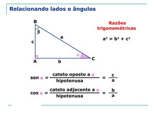 Prof. Jorge
Relacionando lados e ângulos
A
B
C
a
b
c
a2
= b2
+ c2
⍺
cateto oposto a ⍺
hipotenusa
=sen ⍺ =
c
a
cateto adjacente a ⍺
hipotenusa
=cos ⍺ =
b
a
β
Razões
trigonométricas
 