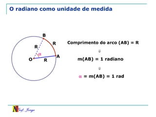 Prof. Jorge
O radiano como unidade de medida
A
R
O R
α
R
B
Comprimento do arco (AB) = R
⇓
m(AB) = 1 radiano
⇓
α = m(AB) = 1 rad
 
