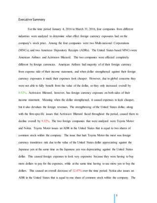 1
Executive Summary
For the time period January 4, 2016 to March 31, 2016, four companies from different
industries were analyzed to determine what effect foreign currency exposures had on the
company’s stock price. Among the four companies were two Multi-national Corporations
(MNCs), and two American Depository Receipts (ADRs). The United States based MNCs were
American Airlines and Activision Blizzard. The two companies were affected completely
different by foreign currencies. American Airlines had majority of of their foreign currency
from expense side of their income statement, and when dollar strengthened against their foreign
currency exposures it made their expenses look cheaper. However, due to global concerns they
were not able to fully benefit from the value of the dollar, so they only increased overall by
0.52%. Activision Blizzard, however, has foreign currency exposure on both sides of their
income statement. Meaning when the dollar strengthened, it caused expenses to look cheaper,
but it also devalues the foreign revenues. The strengthening of the United States dollar, along
with the firm-specific issues that Activision Blizzard faced throughout the period, caused them to
decline overall by 9.32%. The two foreign companies that were analyzed were Toyota Motor
and Nokia. Toyota Motor issues an ADR in the United States that is equal to two shares of
common stock within the company. The issue that hurt Toyota Motor the most was foreign
currency translation risk due to the value of the United States dollar appreciating against the
Japanese yen at the same time as the Japanese yen was depreciating against the United States
dollar. This caused foreign expenses to look very expensive because they were having to buy
more dollars to pay for the expenses, while at the same time having to use more yen to buy the
dollars. This caused an overall decrease of 12.47% over the time period. Nokia also issues an
ADR in the United States that is equal to one share of common stock within the company. The
 