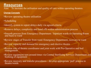 Resources
Aim: To increase the utilisation and quality of care within operating theatres.
Change Concepts
•Review operating theatre utilisation
•Scheduling
•Identify system to report delays daily via agreed criteria
•Remove delays, complexity and hand offs within administration process
•Smooth process from Emergency Department / Inpatient wards to Operating Room
and back to ward
•Review stages of Transfer from ward /Emergency Department, recovery to ward
•Review capacity and demand for emergency and elective theatre
•Review role of theatre coordinator and joint work with Pre-Operative and bed
management
•Review equipment turn around times via Central Sterilising Services Department and
booking of equipment
•Review recovery and transfer procedures – develop appropriate ‘pull’ process to
theatre/wards
 