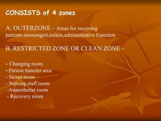 CONSISTS of 4 zones
A. OUTERZONE - Areas for receiving
patients messengers,toilets,administrative Function
B. RESTRICTED ZONE OR CLEAN ZONE –
- Changing room
- Patient transfer area
- Stores room
- Nursing staff room
-Anaesthetist room
- Recovery room
 