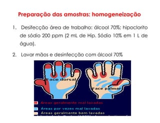 Preparação das amostras: homogeneização
1. Desifecção área de trabalho: álcool 70%; hipoclorito
de sódio 200 ppm (2 mL de Hip. Sódio 10% em 1 L de
água).
2. Lavar mãos e desinfecção com álcool 70%
 