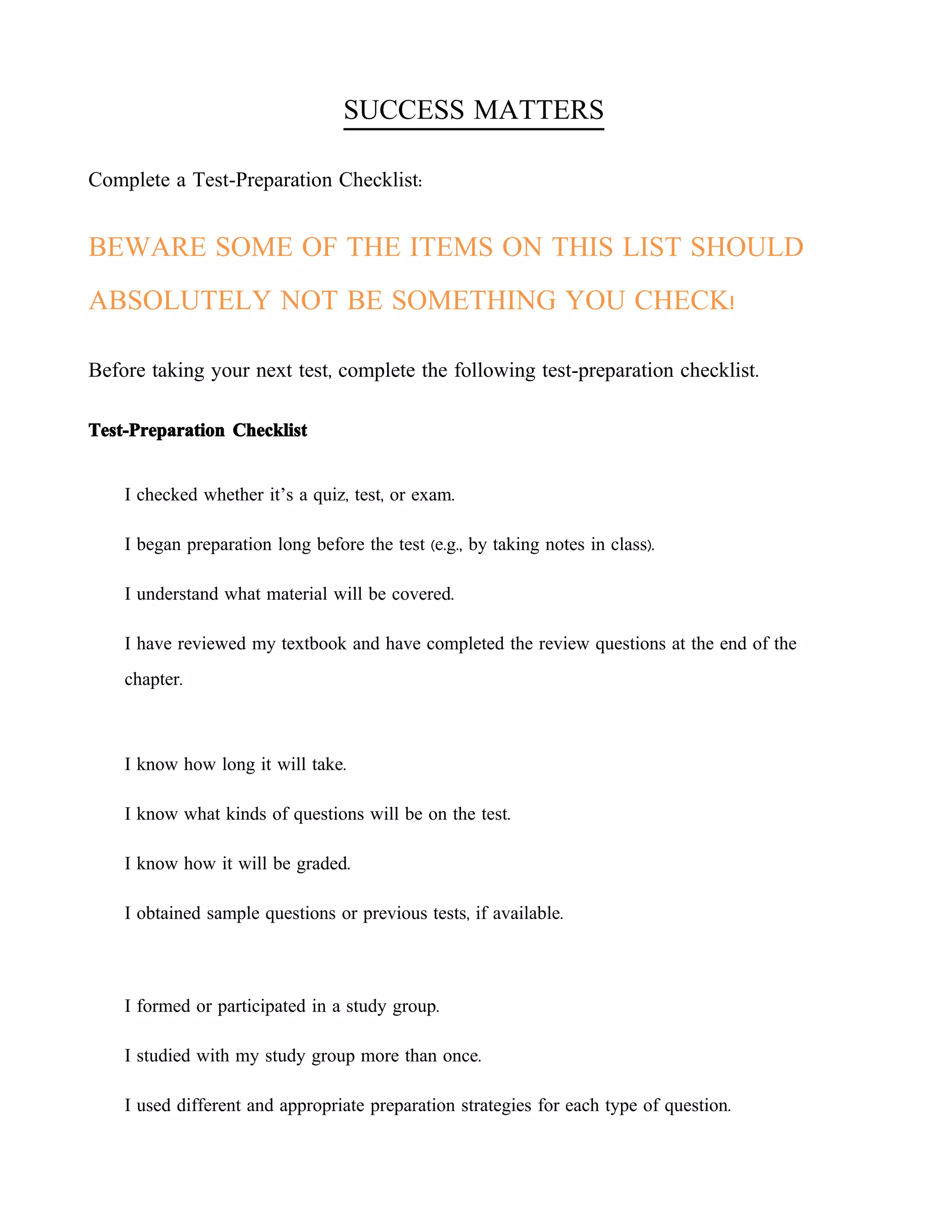 Test Taking Checklist | DOC