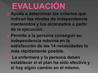  Ayuda a determinar los criterios que
indican los niveles de independencia
mantenidos y los alcanzados a partir
de la ejecución.
 Permite a la persona conseguir su
independencia máxima en la
satisfacción de las 14 necesidades lo
más rápidamente posible.
 La enfermera y la persona deben
establecer si el plan ha sido efectivo y
si hay algún cambio en el mismo.
 