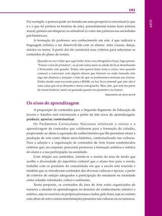 141




                                                                                          ARTE
Por exemplo: a pintura pode ser tratada em uma perspectiva conceitual (o que
é e o que foi pintura na história da arte), procedimental (como fazer pintura
mural, pintura em têmpera) ou atitudinal (o valor das pinturas nas sociedades
pré-históricas).
     A formação do professor, seu conhecimento em arte, é que indicará a
linguagem artística a ser desenvolvida com os alunos: artes visuais, dança,
música ou teatro. A partir daí ele construirá seus critérios para selecionar os
conteúdos do plano de ensino.

        Quando eu ouvi falar que aqui tinha Arte e era obrigatório fazer, logo pensei:
        “Parece coisa de primário”, eu já não estou mais na idade de ficar desenhando
        e brincando com guache. Então, não queria fazer mais o curso, mas quando
        comecei a conversar com alguns alunos que fizeram ou estão fazendo arte
        algo me chamou a atenção: o fato de que os professores ensinam aos alunos.
        Então, tendo uma excursão para o MAM, eu fui; lá eu entendi que arte não é
        uma coisa que só se desenha e mexe com guache. Mas, sim, que arte faz parte
        de nossa história, tanto no passado quanto no presente e no futuro.
                                                             Depoimento de aluna da EJA



Os eixos de aprendizagem
     A proposição de conteúdos para o Segundo Segmento da Educação de
Jovens e Adultos está estruturada a partir de três eixos de aprendizagem:
produzir, apreciar, contextualizar.
     Os Parâmetros Curriculares Nacionais enfatizam o ensino e a
aprendizagem de conteúdos que colaborem para a formação do cidadão,
propiciando ao aluno a aquisição de conhecimentos que lhe permitam situar a
produção de arte como objeto sócio-histórico, contextualizado nas culturas.
Para a seleção e a organização de conteúdos de Arte foram estabelecidos
critérios que, no conjunto, procuram promover a formação artística e estética
do aluno e a sua participação na sociedade.
     Com relação aos conteúdos, orienta-se o ensino da área de modo que
acolha a diversidade do repertório cultural que o aluno traz para a escola,
trabalhe com os produtos da comunidade em que a escola está inserida e
também que se introduzam conteúdos das diversas culturas e épocas, a partir
de critérios de seleção adequados à participação do estudante na sociedade
como cidadão informado, crítico e autônomo.
     Nesta proposta, os conteúdos da área de Arte estão organizados de
maneira a atender às aprendizagens no domínio do conhecimento artístico e
estético, seja no exercício do próprio processo criador, pelo fazer, seja no contato
com obras de arte e outras manifestações presentes nas culturas ou na natureza.
 