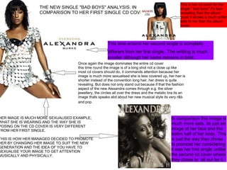 This time around her second single is completly different from her first single.   The writting is much smaller although her name remains in bold. Once again the image dominates the entire cd cover this time round the image is of a long shot not a close up like most cd covers should do, it commands attention because her image is much more sexualised she is less covered up, her hair is shorter instead of the convention long hair, her dress is quite revealing. But does not only stand out because if that the fashion aspect of the new Alexandra comes through e.g. the silver jewellery, the circles all over the dress and the metalic bra its an image thats speaks alot about her new musical style its very r&b and pop.   THE NEW SINGLE "BAD BOYS" ANALYSIS. IN COMPARISON TO HER FIRST SINGLE CD COVER HER IMAGE IS MUCH MORE SEXUALISED EXAMPLE; WHAT SHE IS WEARING AND THE WAY SHE IS POSING ON THE CD COVER IS VERY DIFFERENT FROM HER FIRST SINGLE.    THIS IS HOW HER MANAGED DECIDED TO PROMOTE HER BY CHANGING HER IMAGE TO SUIT THE NEW GENERATION AND THE IDEA OF YOU HAVE TO SEXUALISE YOUR IMAGE TO GET ATTENTION MUSICALLY AND PHYSICALLY. In comparison this image is much more safe. its just an image of her face and the bottm half of her body. This is just the way they chose to promote her considering it was her first single unlike the second cd cover where they chose to  all out for it. This is her cd cover for her single " bad boys" it's less revealing than the album cover it shows a much softer side to her than the album cover.  