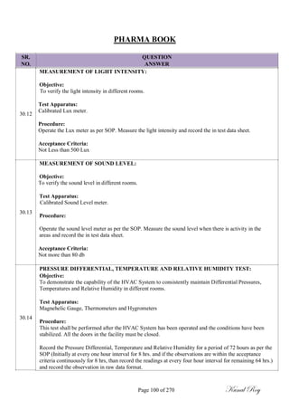 PHARMA BOOK
SR.
NO.
30.12
30.13
QUESTION
ANSWER
MEASUREMENT OF LIGHT INTENSITY:
Objective:
To verify the light intensity in different rooms.
Test Apparatus:
Calibrated Lux meter.
Procedure:
Operate the Lux meter as per SOP. Measure the light intensity and record the in test data sheet.
Acceptance Criteria:
Not Less than 500 Lux
MEASUREMENT OF SOUND LEVEL:
Objective:
To verify the sound level in different rooms.
Test Apparatus:
Calibrated Sound Level meter.
Procedure:
Operate the sound level meter as per the SOP. Measure the sound level when there is activity in the
areas and record the in test data sheet.
Acceptance Criteria:
Not more than 80 db
30.14
PRESSURE DIFFERENTIAL, TEMPERATURE AND RELATIVE HUMIDITY TEST:
Objective:
To demonstrate the capability of the HVAC System to consistently maintain Differential Pressures,
Temperatures and Relative Humidity in different rooms.
Test Apparatus:
Magnehelic Gauge, Thermometers and Hygrometers
Procedure:
This test shall be performed after the HVAC System has been operated and the conditions have been
stabilized. All the doors in the facility must be closed.
Record the Pressure Differential, Temperature and Relative Humidity for a period of 72 hours as per the
SOP (Initially at every one hour interval for 8 hrs. and if the observations are within the acceptance
criteria continuously for 8 hrs, than record the readings at every four hour interval for remaining 64 hrs.)
and record the observation in raw data format.
Page 100 of 270 Kunal Roy
 
