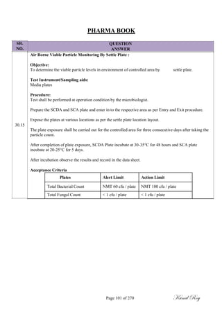 SR.
NO.
30.15
PHARMA BOOK
QUESTION
ANSWER
Air Borne Viable Particle Monitoring By Settle Plate :
Objective:
To determine the viable particle levels in environment of controlled area by settle plate.
Test Instrument/Sampling aids:
Media plates
Procedure:
Test shall be performed at operation condition by the microbiologist.
Prepare the SCDA and SCA plate and enter in to the respective area as per Entry and Exit procedure.
Expose the plates at various locations as per the settle plate location layout.
The plate exposure shall be carried out for the controlled area for three consecutive days after taking the
particle count.
After completion of plate exposure, SCDA Plate incubate at 30-35°C for 48 hours and SCA plate
incubate at 20-25°C for 5 days.
After incubation observe the results and record in the data sheet.
Acceptance Criteria
Plates Alert Limit Action Limit
Total Bacterial Count NMT 60 cfu / plate NMT 100 cfu / plate
Total Fungal Count < 1 cfu / plate < 1 cfu / plate
Page 101 of 270 Kunal Roy
 