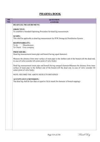 SR.
NO.
PHARMA BOOK
QUESTION
ANSWER
DEAD LEG MEASUREMENT:
OBJECTIVE:
To establish a Standard Operating Procedure for dead leg measurement.
SCOPE:
This shall be applicable to dead leg measurement for PFW Storage & Distribution System
RESPONSIBILITY:
To do : Manufacturer.
To Check : User company
PROCEDURE:
Dead leg measurement (main pipe and branch having equal diameter)
Measure the distance from inner surface of main pipe to the farthest end of the branch (till the dead end,
in case of valve consider till center point of valve body)
Dead leg measurement (main pipe and branch having unequal diameter)Measure the distance from inner
surface of main pipe to the farthest end of the branch (till the dead end, in case of valve consider till
center point of valve body)
NOTE: RECORD THE ABOVE RESULTS OBTAINED
ACCEPTANCE CRITERION:
The dead leg shall be less than or equal to 3d (d stands for diameter of branch tapping)
Page 115 of 270 Kunal Roy
 