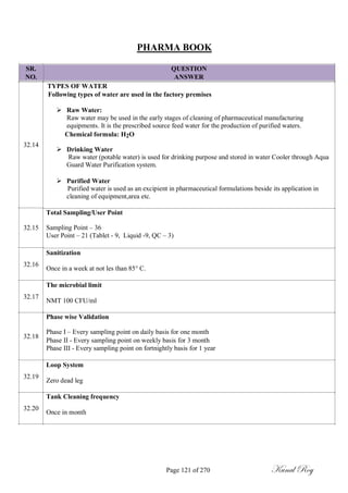 PHARMA BOOK
SR.
NO.
32.14
32.15
QUESTION
ANSWER
TYPES OF WATER
Following types of water are used in the factory premises
 Raw Water:
Raw water may be used in the early stages of cleaning of pharmaceutical manufacturing
equipments. It is the prescribed source feed water for the production of purified waters.
Chemical formula: H2O
 Drinking Water
Raw water (potable water) is used for drinking purpose and stored in water Cooler through Aqua
Guard Water Purification system.
 Purified Water
Purified water is used as an excipient in pharmaceutical formulations beside its application in
cleaning of equipment,area etc.
Total Sampling/User Point
Sampling Point – 36
User Point – 21 (Tablet - 9, Liquid -9, QC – 3)
32.16
Sanitization
Once in a week at not les than 85° C.
32.17
32.18
The microbial limit
NMT 100 CFU/ml
Phase wise Validation
Phase I – Every sampling point on daily basis for one month
Phase II - Every sampling point on weekly basis for 3 month
Phase III - Every sampling point on fortnightly basis for 1 year
32.19
32.20
Loop System
Zero dead leg
Tank Cleaning frequency
Once in month
Page 121 of 270 Kunal Roy
 