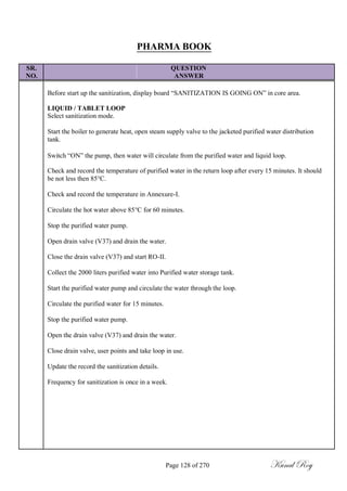 PHARMA BOOK
SR. QUESTION
NO. ANSWER
Before start up the sanitization, display board ―SANITIZATION IS GOING ON‖ in core area.
LIQUID / TABLET LOOP
Select sanitization mode.
Start the boiler to generate heat, open steam supply valve to the jacketed purified water distribution
tank.
Switch ―ON‖ the pump, then water will circulate from the purified water and liquid loop.
Check and record the temperature of purified water in the return loop after every 15 minutes. It should
be not less then 85°C.
Check and record the temperature in Annexure-I.
Circulate the hot water above 85°C for 60 minutes.
Stop the purified water pump.
Open drain valve (V37) and drain the water.
Close the drain valve (V37) and start RO-II.
Collect the 2000 liters purified water into Purified water storage tank.
Start the purified water pump and circulate the water through the loop.
Circulate the purified water for 15 minutes.
Stop the purified water pump.
Open the drain valve (V37) and drain the water.
Close drain valve, user points and take loop in use.
Update the record the sanitization details.
Frequency for sanitization is once in a week.
Page 128 of 270 Kunal Roy
 