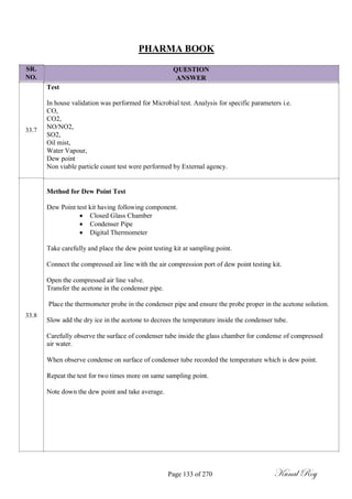 SR.
NO.
33.7
PHARMA BOOK
QUESTION
ANSWER
Test
In house validation was performed for Microbial test. Analysis for specific parameters i.e.
CO,
CO2,
NO/NO2,
SO2,
Oil mist,
Water Vapour,
Dew point
Non viable particle count test were performed by External agency.
Method for Dew Point Test
33.8
Dew Point test kit having following component.
 Closed Glass Chamber
 Condenser Pipe
 Digital Thermometer
Take carefully and place the dew point testing kit at sampling point.
Connect the compressed air line with the air compression port of dew point testing kit.
Open the compressed air line valve.
Transfer the acetone in the condenser pipe.
Place the thermometer probe in the condenser pipe and ensure the probe proper in the acetone solution.
Slow add the dry ice in the acetone to decrees the temperature inside the condenser tube.
Carefully observe the surface of condenser tube inside the glass chamber for condense of compressed
air water.
When observe condense on surface of condenser tube recorded the temperature which is dew point.
Repeat the test for two times more on same sampling point.
Note down the dew point and take average.
Page 133 of 270 Kunal Roy
 
