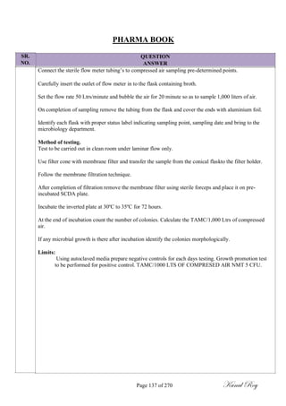 SR.
NO.
PHARMA BOOK
QUESTION
ANSWER
Connect the sterile flow meter tubing‘s to compressed air sampling pre-determined points.
Carefully insert the outlet of flow meter in to the flask containing broth.
Set the flow rate 50 Ltrs/minute and bubble the air for 20 minute so as to sample 1,000 liters of air.
On completion of sampling remove the tubing from the flask and cover the ends with aluminium foil.
Identify each flask with proper status label indicating sampling point, sampling date and bring to the
microbiology department.
Method of testing.
Test to be carried out in clean room under laminar flow only.
Use filter cone with membrane filter and transfer the sample from the conical flaskto the filter holder.
Follow the membrane filtration technique.
After completion of filtration remove the membrane filter using sterile forceps and place it on pre-
incubated SCDA plate.
Incubate the inverted plate at 30ºC to 35ºC for 72 hours.
At the end of incubation count the number of colonies. Calculate the TAMC/1,000 Ltrs of compressed
air.
If any microbial growth is there after incubation identify the colonies morphologically.
Limits:
Using autoclaved media prepare negative controls for each days testing. Growth promotion test
to be performed for positive control. TAMC/1000 LTS OF COMPRESED AIR NMT 5 CFU.
Page 137 of 270 Kunal Roy
 