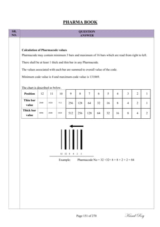 SR.
NO.
PHARMA BOOK
QUESTION
ANSWER
Calculation of Pharmacode values
Pharmacode may contain minimum 3 bars and maximum of 16 bars which are read from right to left.
There shall be at least 1 thick and thin bar in any Pharmacode.
The values associated with each bar are summed to overall value of the code.
Minimum code value is 4 and maximum code value is 131069.
The chart is described as below.
Position 12 11 10
Thin bar
2048 1024 512
value
Thick bar
4096 2048 1024
value
9 8 7 6 5 4 3 2 1
256 128 64 32 16 8 4 2 1
512 256 128 64 32 16 8 4 2
32 32 8 8 2 2
Example: Pharmacode No = 32 +32+ 8 + 8 + 2 + 2 = 84
Page 151 of 270 Kunal Roy
 