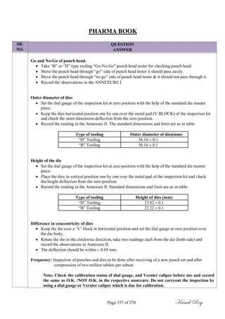 SR.
NO.
PHARMA BOOK
QUESTION
ANSWER
Go and No-Go of punch head.
 Take ―B‖ or ―D‖ type tooling ―Go-No Go‖ punch head tester for checking punch head.
 Move the punch head through ―go‖ side of punch head tester it should pass easily.
 Move the punch head through ―no go‖ side of punch head tester & it should not pass through it.
 Record the observations in the ANNEXURE I.
Outer diameter of dies
 Set the dial gauge of the inspection kit at zero position with the help of the standard die master
piece.
 Keep the dies horizontal position one by one over the metal pad (V BLOCK) of the inspection kit
and check the outer dimension deflection from the zero position.
 Record the reading in the Annexure II. The standard dimensions and limit are as in table.
Type of tooling Outer diameter of dies(mm)
―D‖ Tooling 38.10 ± 0.1
―B‖ Tooling 30.16 ± 0.1
Height of the die
 Set the dial gauge of the inspection kit at zero position with the help of the standard die master
piece.
 Place the dies in vertical position one by one over the metal pad of the inspection kit and check
the height deflection from the zero position.
 Record the reading in the Annexure II. Standard dimensions and limit are as in table:
Type of tooling Height of dies (mm)
―D‖ Tooling 23.82 ± 0.1
―B‖ Tooling 22.22 ± 0.1
Difference in concentricity of dies
 Keep the die over a ‗V‘ block in horizontal position and set the dial gauge at zero position over
the die body.
 Rotate the die in the clockwise direction, take two readings each from the die (both side) and
record the observations in Annexure II.
 The deflection should be within ± 0.05 mm.
Frequency: Inspection of punches and dies to be done after receiving of a new punch set and after
compression of two million tablets per subset.
Note: Check the calibration status of dial gauge, and Vernier caliper before use and record
the same as O.K. /NOT O.K. in the respective annexure. Do not carryout the inspection by
using a dial gauge or Vernier caliper which is due for calibration.
Page 157 of 270 Kunal Roy
 