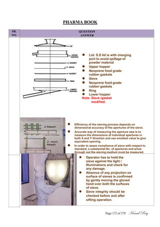 SR.
NO.
PHARMA BOOK
QUESTION
ANSWER
 Lid: S.S lid is with charging
port to avoid spillage of
powder material
 Upper hopper
 Neoprene food grade
rubber gaskets
 Sieve
 Neoprene food grade
rubber gaskets
 Ring
 Lower hopper
Note: Sieve /gasket
modified.
 Efficiency of the sieving process depends on
dimensional accuracy of the apertures of the sieve.
 Accurate way of measuring the aperture size is to
measure the dimensions of individual apertures in
both X and Y direction and use smallest value to give
equivalent opening.
 In order to asses compliance of sieve with respect to
standard, a substantial No. of apertures and wires
through out the sieving medium must be measured.

 Operator has to hold the
sieve against the light /
Illuminations and check for
any damage.
 Absence of any projection on
surface of sieves is confirmed
by gently moving the gloved
hand over both the surfaces
of sieve.
 Sieve integrity should be
checked before and after
sifting operation.
Page 172 of 270 Kunal Roy
 