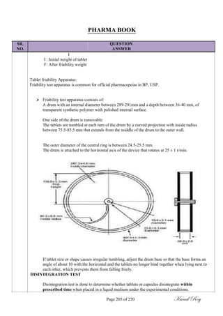 PHARMA BOOK
SR. QUESTION
NO. ANSWER
I
I : Initial weight of tablet
F: After friability weight
Tablet friability Apparatus:
Friability test apparatus is common for official pharmacopeias in BP, USP.
 Friability test apparatus consists of:
A drum with an internal diameter between 289-291mm and a depth between 36-40 mm, of
transparent synthetic polymer with polished internal surface.

One side of the drum is removable.
The tablets are tumbled at each turn of the drum by a curved projection with inside radius
between 75.5-85.5 mm that extends from the middle of the drum to the outer wall.


The outer diameter of the central ring is between 24.5-25.5 mm.
The drum is attached to the horizontal axis of the device that rotates at 25 ± 1 r/min.
If tablet size or shape causes irregular tumbling, adjust the drum base so that the base forms an
angle of about 10 with the horizontal and the tablets no longer bind together when lying next to
each other, which prevents them from falling freely.
DISINTEGRATION TEST
Disintegration test is done to determine whether tablets or capsules disintegrate within
prescribed time when placed in a liquid medium under the experimental conditions.
Page 205 of 270 Kunal Roy
 