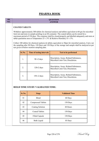 SR.
NO.
PHARMA BOOK
QUESTION
ANSWER
COATED TABLETS
Withdraw approximately 300 tablets for chemical analysis and tablets equivalent to 60 gm for microbial
limit test and store in sample polybag in an SS container. The coated tablets can be stored for a
maximum period of 150 days. The container shall be closed properly and labelled adequately and store at
tablet quarantine area at Temperature 25 ± 2ºC & Relative Humidity 55 ± 5%.
Collect 100 tablets for chemical analysis & tablets equivalent to 20gm for microbial analysis, Carry out
the sampling after 90 Days, 120 Days and 150 Days of the storage and sample shall be analyzed as per
test given in below mention sampling plan.
Sr.No. Time of testing intervals Test to be performed
1. 90 ±2 days
Description, Assay, Related Substances,
Microbial Limit Test, Dissolution.
2. 120±2 days
Description, Assay, Related Substances,
Microbial Limit Test, Dissolution.
3. 150 ±2 days
Description, Assay, Related Substances,
Microbial Limit Test, Dissolution.
HOLD TIME STUDY VALIDATED TIME:
Sr.No. Stage Validated Time
01 Blend 60 Days
02 Compressed Tablets 150 Days
03 Coating Solution 48 Hours
04 Coated Tablets 150 Days
05 Filled Capsule 150 Days
06 Bulk Liquid 05 Days
Page 220 of 270 Kunal Roy
 