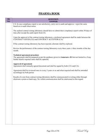 SR.
NO.
PHARMA BOOK
QUESTION
ANSWER
CA. In case compliance report is not satisfactory, carry out re-audit and approve / reject the same
based on re-audit observation.
The audited contract testing laboratory should have to submit their compliance report within 30 days of
time after receipt the audit report from CG.
Upon the approval of the contract testing laboratory, a technical agreement shall be made between the
CONTRACT GIVER (CG) and CONTRACT ACCEPTOR (CA).
If the contract testing laboratory has been rejected, alternate shall be explored.
Review the performance of the contract testing laboratory every three years  three months of the due
month.
Technical agreement procedure
The agreement shall be prepared as per the guidance given in (Annexure -II) but not limited to, if any
further details required same shall be captured.
Approval of agreement
Agreement shall mutually agreed document and shall be signed by both ( CG and CA).
Agreement shall be reviewed once in every 3 years or as and when required and shall be amended
accordingly by both parties
Results of a test from contract testing laboratory shall be communicated in writing either through
electronic system or hard copy. No verbal communication shall be entertained in this regard.
Page 226 of 270 Kunal Roy
 