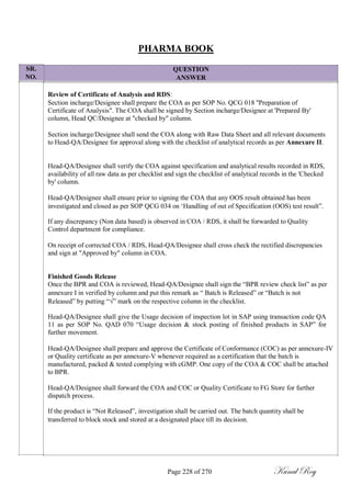 SR.
NO.
PHARMA BOOK
QUESTION
ANSWER
Review of Certificate of Analysis and RDS:
Section incharge/Designee shall prepare the COA as per SOP No. QCG 018 "Preparation of
Certificate of Analysis". The COA shall be signed by Section incharge/Designee at 'Prepared By'
column, Head QC/Designee at "checked by" column.
Section incharge/Designee shall send the COA along with Raw Data Sheet and all relevant documents
to Head-QA/Designee for approval along with the checklist of analytical records as per Annexure II.
Head-QA/Designee shall verify the COA against specification and analytical results recorded in RDS,
availability of all raw data as per checklist and sign the checklist of analytical records in the 'Checked
by' column.
Head-QA/Designee shall ensure prior to signing the COA that any OOS result obtained has been
investigated and closed as per SOP QCG 034 on ‗Handling of out of Specification (OOS) test result‖.
If any discrepancy (Non data based) is observed in COA / RDS, it shall be forwarded to Quality
Control department for compliance.
On receipt of corrected COA / RDS, Head-QA/Designee shall cross check the rectified discrepancies
and sign at "Approved by" column in COA.
Finished Goods Release
Once the BPR and COA is reviewed, Head-QA/Designee shall sign the ―BPR review check list‖ as per
annexure I in verified by column and put this remark as ― Batch is Released‖ or ―Batch is not
Released‖ by putting ―√‖ mark on the respective column in the checklist.
Head-QA/Designee shall give the Usage decision of inspection lot in SAP using transaction code QA
11 as per SOP No. QAD 070 ―Usage decision & stock posting of finished products in SAP‖ for
further movement.
Head-QA/Designee shall prepare and approve the Certificate of Conformance (COC) as per annexure-IV
or Quality certificate as per annexure-V whenever required as a certification that the batch is
manufactured, packed & tested complying with cGMP. One copy of the COA & COC shall be attached
to BPR.
Head-QA/Designee shall forward the COA and COC or Quality Certificate to FG Store for further
dispatch process.
If the product is ―Not Released‖, investigation shall be carried out. The batch quantity shall be
transferred to block stock and stored at a designated place till its decision.
Page 228 of 270 Kunal Roy
 