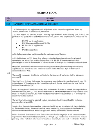 SR.
NO.
60.0
PHARMA BOOK
QUESTION
ANSWER
HANDLING OF PHARMACOPEIAL CHANGES
The Pharmacopeia's and supplements shall be procured by the concerned departments within the
shortest possible time of release of the publication.
ADL shall prepare and circulate, within 7 working days in the first month of every year, to R&D, site
production and quality head/s and CQA the release dates, official dates targeted official publications for
 USP/NF and its supplements,
 USP-Pharmacopeial Forum (USP-PF),
 Ph. Eur. and its supplements,
 BP
 IP and its addendums.
ADL shall assign a unique tracking number for each requirement/changes.
ADL shall intimate to CQA for the drug substance, drug Product and excipients of new/revised
monographs and new/revised general chapters from USP, BP, EP, IP or any other applicable
pharmacopeia; within 10 business days of release / receipt of the respective Pharmacopeial publications,
Designated person from CQA shall review the changes and identify the impacted plant /concerned
departments and intimate the same for their evaluation within 5 business days of the receipt of
intimation from the ADL.
60.1
The possible changes are listed in but not limited to the Annexure-II and action shall be taken as per
annexure-II.
Site-Head QA or designee shall review the monograph/ general chapter in co-ordination with plant QC
and production. If the existing product/ material comply with the new requirement the same shall be
intimated back to Head CQA.
In case existing product/ materials does not meet requirements or unable to confirm the compliance due
to technical reasons, then QA shall discuss the matter with R&D and CQA to resolve any technical issue.
In case of purchased materials, the matter may be referred to Purchase department to co-ordinate with
manufacturer of the material.
The last three batches material received/ product manufactured shall be considered for evaluation
purpose, wherever available.
Samples from the control samples of the validation /Exhibit batches, if available will also be included
for the comparison study for evaluation of the results obtained by monograph method and those of
obtained by In-House method. Whenever applicable, stability samples also shall be evaluated.
In case evaluation is inconclusive even after discussion with relevant groups or non compliance to the
requirements, the matter shall be referred to R&D through CQA Head in case of manufactured products
providing all the evaluation data. In case of purchased materials, the same shall be referred to Purchase
Page 238 of 270 Kunal Roy
 
