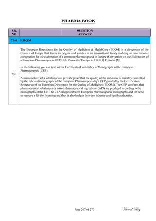 PHARMA BOOK
SR. QUESTION
NO. ANSWER
70.0 EDQM
The European Directorate for the Quality of Medicines & HealthCare (EDQM) is a directorate of the
Council of Europe that traces its origins and statutes to an international treaty enabling an international
cooperation for the elaboration of a common pharmacopoeia in Europe (Convention on the Elaboration of
a European Pharmacopoeia, CETS 50, Council of Europe in 1964,[1] Protocol [2])
In the following you can read on the Certificate of suitability of Monographs of the European
Pharmacopoeia (CEP).
70.1
A manufacturer of a substance can provide proof that the quality of the substance is suitably controlled
by the relevant monographs of the European Pharmacopoeia by a CEP granted by the Certification
Secretariat of the European Directorate for the Quality of Medicines (EDQM). The CEP confirms that
pharmaceutical substances or active pharmaceutical ingredients (API) are produced according to the
monographs of the EP. The CEP bridges between European Pharmacopoeia monographs and the need
to prepare a file for licensing and thus it also bridges between industry and health authorities.
Page 267 of 270 Kunal Roy
 