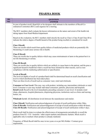 SR.
NO.
PHARMA BOOK
QUESTION
ANSWER
In case of product recall, Head-QA or his designee shall intimate to the members of Recall Co-
ordination Committee (RCC) and organize for a meeting.
The RCC members shall evaluate the known information on the nature and extent of the health risk
taking inputs from Head-Medical department
Based on the evaluation, the RCC members shall classify the recall as Class I, Class II and Class III to
indicate the relative degree of health hazard of the product being recalled or considered for recall.
Class I Recall:
These are recalls which result from quality defects of medicinal products which are potentially life
threatening or could cause serious risk to health.
Class II Recall:
These are recalls due to quality defects which may cause mistreatment or harm to the patient but it is
not life threatening or serious.
Class III Recall:
These are recalls due to quality defects which are unlikely to cause harm to the patient, and the pose a
significant hazard to health but where a recall has been initiated for other reasons, such as non-
compliance with the marketing authorization or specification.
Levels of Recall:
The level (or depth) of recall of a product/batch shall be determined based on recall classification and
level to which distribution has been taken place.
There are three levels of recall such as consumer /user, retail and wholesale.
Consumer or User Level: This may vary with product, including any intermediate wholesale or retail
level. Consumer or user may include individual consumers, patients, physicians and hospitals.
Retail Level: Recall to the level immediately preceding consumer or user level. It includes retail
shops, pharmacies, hospital pharmacies, dispensing physician, institutions such as clinics and nursing
homes, etc.
Wholesale Level: All distribution levels between the manufacturer and retailer.
Class I Recall: Notification and acknowledgement of receipt of recall notification within 24hrs.
Class II Recalls: Notification and acknowledgement of receipt of recall notification within 48 hours.
Class III Recalls: Notification and acknowledgement of receipt of recall notification within 5 days.
Mock recall shall be done to evaluate the effectiveness of arrangements periodically to recall the
products from EU / US / Australia / other export markets and domestic markets. Mock recall is
applicable only to markets where product is already marketed.
Frequency of Mock Recall shall be once in two years or as per MA Holder / Contract giver
requirement.
Page 30 of 270 Kunal Roy
 