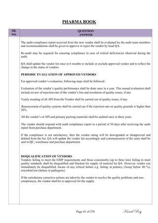 SR.
NO.
PHARMA BOOK
QUESTION
ANSWER
The audit compliance report received from the new vendor shall be evaluated by the audit team members
and recommendations shall be given to approve or reject the vendor by head QA.
Re-audit may be required for ensuring compliance in case of critical deficiencies observed during the
audit.
QA shall update the vendor list once in 6 months to include or exclude approved vendor and to reflect the
change in the status of vendors.
PERIODIC EVALUATION OF APPROVED VENDORS
For approved vendor‘s evaluation, following steps shall be followed:
Evaluation of the vendor‘s quality performance shall be done once in a year. This annual evaluation shall
include review of rejection rate of the vendor‘s lots and resolution of quality issues, if any
Yearly trending of all API from the Vendor shall be carried out of quality issues, if any.
Reassessment of quality systems shall be carried out if the rejection rate on quality grounds is higher than
20%.
All the vendor‘s of API and primary packing materials shall be audited once in three years.
The vendor should respond with audit compliance report in a period of 30 days after receiving the audit
report from purchase department.
If the compliance is not satisfactory, then the vendor rating will be downgraded or disapproved and
deleted from the list. QA will update the vendor list accordingly and communication of the same shall be
sent to QC, warehouse and purchase department.
DISQUALIFICATION OF VENDORS
Vendors failing to meet the GMP requirements and those consistently (up to three lots) failing to meet
quality standards shall be disqualified and blocked for supply of material by QA. However vendor can
immediately be disqualified, Incase of any critical failure e.g. failing in potency (Assay below 80 %),
microbial test (failure in pathogens).
If the satisfactory corrective actions are taken by the vendor to resolve the quality problems and non-
compliances, the vendor shall be re-approved for the supply.
Page 41 of 270 Kunal Roy
 