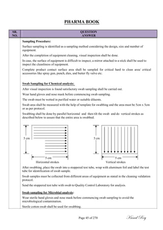 PHARMA BOOK
SR. QUESTION
NO. ANSWER
Sampling Procedure:
Surface sampling is identified as a sampling method considering the design, size and number of
equipment.
After the completion of equipment cleaning, visual inspection shall be done.
In case, the surface of equipment is difficult to inspect, a mirror attached to a stick shall be used to
inspect the cleanliness of equipment.
Complete product contact surface area shall be sampled for critical hard to clean area/ critical
accessories like spray gun, punch, dies, and butter fly valve etc.
Swab Sampling for Chemical analysis:
After visual inspection is found satisfactory swab sampling shall be carried out.
Wear hand gloves and nose mask before commencing swab sampling.
The swab must be wetted in purified water or suitable diluents.
Swab area shall be measured with the help of template for swabbing and the area must be 5cm x 5cm
or as per protocol.
Swabbing shall be done by parallel horizontal and then tilt the swab and do vertical strokes as
described below to assure that the entire area is swabbed.
5 cm 5 cm
5 cm 5 cm
Horizontal strokes Vertical strokes
After swabbing, place the swab into a stoppered test tube, wrap with aluminum foil and label the test
tube for identification of swab sample.
Swab samples must be collected from different areas of equipment as stated in the cleaning validation
protocol.
Send the stoppered test tube with swab to Quality Control Laboratory for analysis.
Swab sampling for Microbial analysis:
Wear sterile hand gloves and nose mask before commencing swab sampling to avoid the
microbiological contamination.
Sterile cotton swab shall be used for swabbing.
Page 45 of 270 Kunal Roy
 
