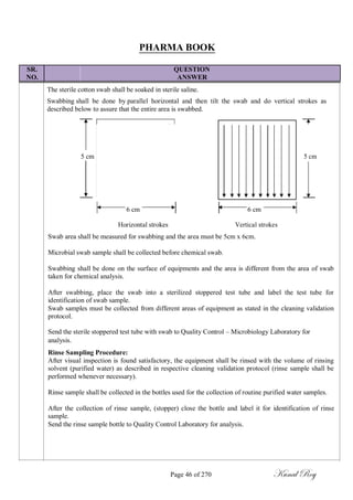 PHARMA BOOK
SR. QUESTION
NO. ANSWER
The sterile cotton swab shall be soaked in sterile saline.
Swabbing shall be done by parallel horizontal and then tilt the swab and do vertical strokes as
described below to assure that the entire area is swabbed.
5 cm 5 cm
6 cm 6 cm
Horizontal strokes Vertical strokes
Swab area shall be measured for swabbing and the area must be 5cm x 6cm.
Microbial swab sample shall be collected before chemical swab.
Swabbing shall be done on the surface of equipments and the area is different from the area of swab
taken for chemical analysis.
After swabbing, place the swab into a sterilized stoppered test tube and label the test tube for
identification of swab sample.
Swab samples must be collected from different areas of equipment as stated in the cleaning validation
protocol.
Send the sterile stoppered test tube with swab to Quality Control – Microbiology Laboratory for
analysis.
Rinse Sampling Procedure:
After visual inspection is found satisfactory, the equipment shall be rinsed with the volume of rinsing
solvent (purified water) as described in respective cleaning validation protocol (rinse sample shall be
performed whenever necessary).
Rinse sample shall be collected in the bottles used for the collection of routine purified water samples.
After the collection of rinse sample, (stopper) close the bottle and label it for identification of rinse
sample.
Send the rinse sample bottle to Quality Control Laboratory for analysis.
Page 46 of 270 Kunal Roy
 