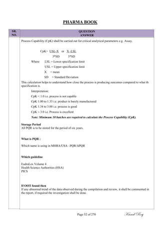 SR.
NO.
PHARMA BOOK
QUESTION
ANSWER
Process Capability (CpK) shall be carried out for critical analytical parameters e.g. Assay.
CpK= USL-X or X -LSL
3*SD 3*SD
Where LSL = Lower specification limit
USL = Upper specification limit
X = mean
SD = Standard Deviation
This calculation helps to understand how close the process is producing outcomes compared to what th
specification is.
Interpretation:
CpK < 1.0 i.e. process is not capable
CpK 1.00 to 1.33 i.e. product is barely manufactured
CpK 1.34 to 3.00 i.e. process is good
CpK  3.0 i.e. Process is excellent
Note: Minimum 10 batches are required to calculate the Process Capability (CpK).
Storage Period
All PQR is to be stored for the period of six years.
What is PQR :
Which name is using in MHRA/USA –PQR/APQR
Which guideline
EudraLex Volume 4
Health Science Authorities (HSA)
PICS
If OOT found then
If any abnormal trend of the data observed during the compilation and review, it shall be commented in
the report, if required the investigation shall be done.
Page 52 of 270 Kunal Roy
 