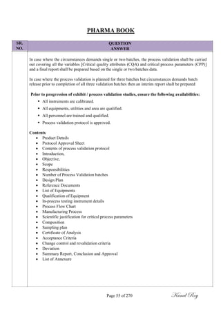 SR.
NO.
PHARMA BOOK
QUESTION
ANSWER
In case where the circumstances demands single or two batches, the process validation shall be carried
out covering all the variables [Critical quality attributes (CQA) and critical process parameters (CPP)]
and a final report shall be prepared based on the single or two batches data.
In case where the process validation is planned for three batches but circumstances demands batch
release prior to completion of all three validation batches then an interim report shall be prepared
Prior to progression of exhibit / process validation studies, ensure the following availabilities:
 All instruments are calibrated.

 All equipments, utilities and area are qualified.

 All personnel are trained and qualified.

 Process validation protocol is approved.
Contents
 Product Details
 Protocol Approval Sheet
 Contents of process validation protocol
 Introduction,
 Objective,
 Scope
 Responsibilities
 Number of Process Validation batches
 Design Plan
 Reference Documents
 List of Equipments
 Qualification of Equipment
 In-process testing instrument details
 Process Flow Chart
 Manufacturing Process
 Scientific justification for critical process parameters
 Composition
 Sampling plan
 Certificate of Analysis
 Acceptance Criteria
 Change control and revalidation criteria
 Deviation
 Summary Report, Conclusion and Approval
 List of Annexure
Page 55 of 270 Kunal Roy
 