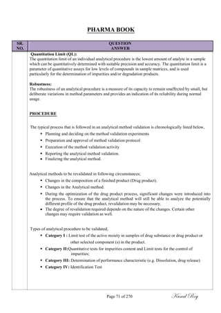 PHARMA BOOK
SR. QUESTION
NO. ANSWER
Quantitation Limit (QL):
The quantitation limit of an individual analytical procedure is the lowest amount of analyte in a sample
which can be quantitatively determined with suitable precision and accuracy. The quantitation limit is a
parameter of quantitative assays for low levels of compounds in sample matrices, and is used
particularly for the determination of impurities and/or degradation products.
Robustness:
The robustness of an analytical procedure is a measure of its capacity to remain unaffected by small, but
deliberate variations in method parameters and provides an indication of its reliability during normal
usage.
PROCEDURE
The typical process that is followed in an analytical method validation is chronologically listed below,
 Planning and deciding on the method validation experiments

 Preparation and approval of method validation protocol

 Execution of the method validation activity

 Reporting the analytical method validation.
 Finalizing the analytical method.
Analytical methods to be revalidated in following circumstances;
 Changes in the composition of a finished product (Drug product).

 Changes in the Analytical method.

 During the optimization of the drug product process, significant changes were introduced into
the process. To ensure that the analytical method will still be able to analyze the potentially
different profile of the drug product, revalidation may be necessary.
 The degree of revalidation required depends on the nature of the changes. Certain other
changes may require validation as well.
Types of analytical procedure to be validated,
 Category I : Limit test of the active moiety in samples of drug substance or drug product or
other selected component (s) in the product.
 Category II:Quantitative tests for impurities content and Limit tests for the control of
impurities;

 Category III: Determination of performance characteristic (e.g. Dissolution, drug release)

 Category IV: Identification Test
Page 71 of 270 Kunal Roy
 