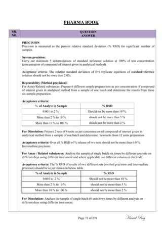 SR.
NO.
PHARMA BOOK
QUESTION
ANSWER
PRECISION
Precision is measured as the percent relative standard deviation (% RSD) for significant number of
samples.
System precision:
Carry out minimum 5 determinations of standard /reference solution at 100% of test concentration
(concentration of compound of interest given in analytical method).
Acceptance criteria: The relative standard deviation of five replicate injections of standard/reference
solution should not be more than 2.0%.
Repeatability (Method precision):
For Assay/Related substances: Prepare 6 different sample preparations as per concentration of compound
of interest given in analytical method from a sample of one batch and determine the results from these
six-sample preparation.
Acceptance criteria:
% of Analyte in Sample
0.001 to 2 %
More than 2 % to 10 %
More than 10 % to 100 %
% RSD
Should not be more than 10 %.
should not be more than 5 %
should not be more than 2 %
For Dissolution: Prepare 2 sets of 6 units as per concentration of compound of interest given in
analytical method from a sample of one batch and determine the results from 12 units preparation
Acceptance criteria: Over all % RSD of % release of two sets should not be more than 6.0 %.
Intermediate precision:
For Assay / Related substances: Analyze the sample of single batch six times by different analysts on
different days using different instrument and where applicable use different column or electrode.
Acceptance criteria: The % RSD of results of two different sets (method precision and intermediate
precision) should be as per shown in below table.
% of Analyte in Sample % RSD
0.001 to 2 % Should not be more than 10 %.
More than 2 % to 10 % should not be more than 5 %
More than 10 % to 100 % should not be more than 2 %
For Dissolution: Analyze the sample of single batch (6 units) two times by different analysts on
different days using different instrument.
Page 73 of 270 Kunal Roy
 