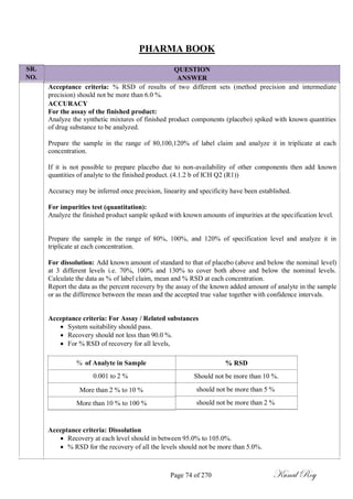 SR.
NO.
PHARMA BOOK
QUESTION
ANSWER
Acceptance criteria: % RSD of results of two different sets (method precision and intermediate
precision) should not be more than 6.0 %.
ACCURACY
For the assay of the finished product:
Analyze the synthetic mixtures of finished product components (placebo) spiked with known quantities
of drug substance to be analyzed.
Prepare the sample in the range of 80,100,120% of label claim and analyze it in triplicate at each
concentration.
If it is not possible to prepare placebo due to non-availability of other components then add known
quantities of analyte to the finished product. (4.1.2 b of ICH Q2 (R1))
Accuracy may be inferred once precision, linearity and specificity have been established.
For impurities test (quantitation):
Analyze the finished product sample spiked with known amounts of impurities at the specification level.
Prepare the sample in the range of 80%, 100%, and 120% of specification level and analyze it in
triplicate at each concentration.
For dissolution: Add known amount of standard to that of placebo (above and below the nominal level)
at 3 different levels i.e. 70%, 100% and 130% to cover both above and below the nominal levels.
Calculate the data as % of label claim, mean and % RSD at each concentration.
Report the data as the percent recovery by the assay of the known added amount of analyte in the sample
or as the difference between the mean and the accepted true value together with confidence intervals.
Acceptance criteria: For Assay / Related substances
 System suitability should pass.
 Recovery should not less than 90.0 %.
 For % RSD of recovery for all levels,
% of Analyte in Sample
0.001 to 2 %
More than 2 % to 10 %
More than 10 % to 100 %
% RSD
Should not be more than 10 %.
should not be more than 5 %
should not be more than 2 %
Acceptance criteria: Dissolution
 Recovery at each level should in between 95.0% to 105.0%.
 % RSD for the recovery of all the levels should not be more than 5.0%.
Page 74 of 270 Kunal Roy
 