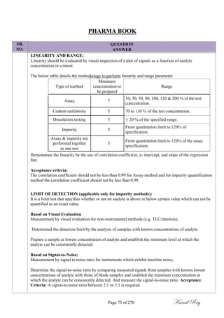 SR.
NO.
PHARMA BOOK
QUESTION
ANSWER
LINEARITY AND RANGE:
Linearity should be evaluated by visual inspection of a plot of signals as a function of analyte
concentration or content.
The below table details the methodology to perform linearity and range parameter.
Minimum
Type of method concentration to Range
be prepared
Assay 7
Content uniformity 5
Dissolution testing 5
Impurity 5
Assay & impurity are
performed together 5
as one test
10, 30, 50, 80, 100, 120 & 200 % of the test
concentration.
70 to 130 % of the test concentration.
 20 % of the specified range.
From quantitation limit to 120% of
specification
From quantitation limit to 120% of the assay
specification.
Demonstrate the linearity by the use of correlation coefficient, y- intercept, and slope of the regression
line.
Acceptance criteria:
The correlation coefficient should not be less than 0.99 for Assay method and for impurity quantification
method the correlation coefficient should not be less than 0.98.
LIMIT OF DETECTION (applicable only for impurity methods):
It is a limit test that specifies whether or not an analyte is above or below certain value which can not be
quantified as an exact value.
Based on Visual Evaluation
Measurement by visual evaluation for non-instrumental methods (e.g. TLC/titration);
Determined the detection limit by the analysis of samples with known concentrations of analyte.
Prepare a sample at lowest concentration of analyte and establish the minimum level at which the
analyte can be consistently detected.
Based on Signal-to-Noise:
Measurement by signal to noise ratio for instruments which exhibit baseline noise;
Determine the signal-to-noise ratio by comparing measured signals from samples with known lowest
concentrations of analyte with those of blank samples and establish the minimum concentration at
which the analyte can be consistently detected. And measure the signal-to-noise ratio. Acceptance
Criteria: A signal-to-noise ratio between 2:1 or 3:1 is required.
Page 75 of 270 Kunal Roy
 