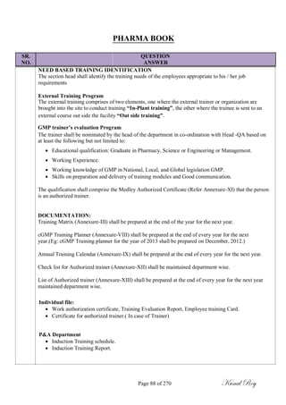 PHARMA BOOK
SR. QUESTION
NO. ANSWER
NEED BASED TRAINING IDENTIFICATION
The section head shall identify the training needs of the employees appropriate to his / her job
requirements
External Training Program
The external training comprises of two elements, one where the external trainer or organization are
brought into the site to conduct training “In-Plant training”, the other where the trainee is sent to an
external course out side the facility “Out side training”.
GMP trainer‟s evaluation Program
The trainer shall be nominated by the head of the department in co-ordination with Head -QA based on
at least the following but not limited to:
 Educational qualification: Graduate in Pharmacy, Science or Engineering or Management.

 Working Experience.

 Working knowledge of GMP in National, Local, and Global legislation GMP.
 Skills on preparation and delivery of training modules and Good communication.
The qualification shall comprise the Medley Authorized Certificate (Refer Annexure-XI) that the person
is an authorized trainer.
DOCUMENTATION:
Training Matrix (Annexure-III) shall be prepared at the end of the year for the next year.
cGMP Training Planner (Annexure-VIII) shall be prepared at the end of every year for the next
year.(Eg: cGMP Training planner for the year of 2013 shall be prepared on December, 2012.)
Annual Training Calendar (Annexure-IX) shall be prepared at the end of every year for the next year.
Check list for Authorized trainer (Annexure-XII) shall be maintained department wise.
List of Authorized trainer (Annexure-XIII) shall be prepared at the end of every year for the next year
maintained department wise.
Individual file:
 Work authorization certificate, Training Evaluation Report, Employee training Card.
 Certificate for authorized trainer.( In case of Trainer)
P&A Department
 Induction Training schedule.
 Induction Training Report.
Page 88 of 270 Kunal Roy
 
