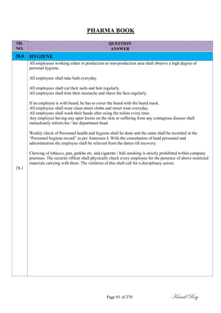 SR.
NO.
28.0
28.1
PHARMA BOOK
QUESTION
ANSWER
HYGIENE
All employees working either in production or non-production area shall observe a high degree of
personal hygiene.
All employees shall take bath everyday.
All employees shall cut their nails and hair regularly.
All employees shall trim their mustache and shave the face regularly.
If an employee is with beard, he has to cover the beard with the beard mask.
All employees shall wear clean street cloths and street wear everyday.
All employees shall wash their hands after using the toilets every time.
Any employee having any open lesion on the skin or suffering from any contagious disease shall
immediately inform his / her department head.
Weekly check of Personnel health and hygiene shall be done and the same shall be recorded in the
―Personnel hygiene record‖ as per Annexure-I. With the consultation of head personnel and
administration the employee shall be relieved from the duties till recovery.
Chewing of tobacco, pan, gutkha etc. and cigarette / bidi smoking is strictly prohibited within company
premises. The security officer shall physically check every employee for the presence of above restricted
materials carrying with them. The violation of this shall call for a disciplinary action.
Page 91 of 270 Kunal Roy
 