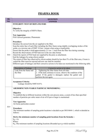 SR.
NO.
30.8
30.9
PHARMA BOOK
QUESTION
ANSWER
INTEGRITY TEST OF HEPA FILTERS
Objective:
To verify the integrity of HEPA filters.
Test Apparatus:
PAO Aerosol generator, Photometer
Procedure:
Introduce the aerosol into the air supplied to the filter.
Scan the entire face of each filter including the filter frame using slightly overlapping strokes of the
probe, at a traverse rate of NMT 10 feet / minute when using a round probe.
Ensure that the probe is held approximately 2.5 cm / 1 inch from the filter face during scanning.
Record the observations of PAO leak test in the raw data format.
Attach the reports of PAO leak test supplied by the party as attachment.
Seal the leakages by using silicon sealant.
The extent of filter face observed by silicon sealant should be less then 5% of the filter area, if more is
sealed the filter must be rejected and new one shall be installed.
Different types of leakages and their corrective actions to be taken are mentioned in the following table.
Description of leakage Corrective action to be taken
Leak from the frame and 1. Tightening the filter frame from all sides
the filter 2. If the leak continues to occur, observe the condition of the
gasket. If the gasket is damaged, replace the gasket and
perform the test again.
Acceptance Criteria:
Leakage should be NMT 0.01%
AIR BORNE NON-VIABLE PARTICLE MONITORING:
Objective
To establish that at different locations within the core process areas, a count of less than specified
number of particles per cubic meter of air of 0.5m or larger is maintained.
Test Apparatus
Air borne particulate counter
Procedure:
The minimum number of sampling point locations is decided as per ISO14644-1, which is detailed as
follows:
Derive the minimum number of sampling point locations from the formula: -
NL=√A
Where:
NL=The minimum number of sampling locations (Rounded up to a whole number)2
Page 96 of 270 Kunal Roy
 