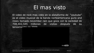 06/01/2017
axel gerardo chacon palma, Isaac mondragon dominguez, jorge elias briceño cuevas, jordi imanol carrillo dominguez,
edwin camacho gomez 1E fecha 16/12/16
9
El mas visto
El video de rock mas visto en la plataforma de “youtube”
es el video musical de la banda norteamericana guns and
roses llamado november rain que goza con la cantidad de
708,402,545 millones de visitas después de su
lanzamiento en 2009.
 
