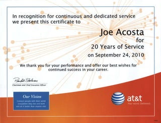 20 Years of Service Recognition Certificate