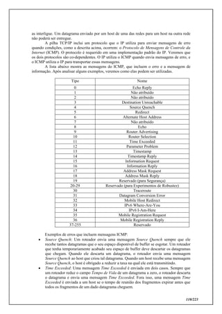 110/223
as interligue. Um datagrama enviado por um host de uma das redes para um host na outra rede
não poderá ser entregue.
A pilha TCP/IP inclui um protocolo que o IP utiliza para enviar mensagens de erro
quando condições, como a descrita acima, ocorrem: o Protocolo de Mensagens de Controle da
Internet (ICMP). O protocolo é requerido em uma implementação padrão do IP. Veremos que
os dois protocolos são co-dependentes. O IP utiliza o ICMP quando envia mensagens de erro, e
o ICMP utiliza o IP para transportar essas mensagens.
A lista abaixo mostra as mensagens do ICMP, que incluem o erro e a mensagem de
informação. Após analisar alguns exemplos, veremos como elas podem ser utilizadas.
Exemplos de erros que incluem mensagens ICMP:
 Source Quench: Um roteador envia uma mensagem Source Quench sempre que ele
recebe tantos datagramas que o seu espaço disponível de buffer se esgotar. Um roteador
que tenha temporariamente acabado seu espaço de buffer deve descartar os datagramas
que chegam. Quando ele descarta um datagrama, o roteador envia uma mensagem
Source Quench ao host que criou tal datagrama. Quando um host recebe uma mensagem
Source Quench, o host é obrigado a reduzir a taxa na qual ele está transmitindo.
 Time Exceeded: Uma mensagem Time Exceeded é enviada em dois casos. Sempre que
um roteador reduz o campo Tempo de Vida de um datagrama a zero, o roteador descarta
o datagrama e envia uma mensagem Time Exceeded. Fora isso, uma mensagem Time
Exceeded é enviada a um host se o tempo de reunião dos fragmentos expirar antes que
todos os fragmentos de um dado datagrama cheguem.
Tipo Nome
0 Echo Reply
1 Não atribuído
2 Não atribuído
3 Destination Unreachable
4 Source Quench
5 Redirect
6 Alternate Host Address
7 Não atribuído
8 Echo
9 Router Advertising
10 Router Selection
11 Time Exceeded
12 Parameter Problem
13 Timestamp
14 Timestamp Reply
15 Information Request
16 Information Reply
17 Address Mask Request
18 Address Mask Reply
19 Reservado (para Segurança)
20-29 Reservado (para Experimentos de Robustez)
30 Traceroute
31 Datagram Conversion Error
32 Mobile Host Redirect
33 IPv6 Where-Are-You
34 IPv6 I-Am-Here
35 Mobile Registration Request
36 Mobile Registration Reply
37-255 Reservado
 