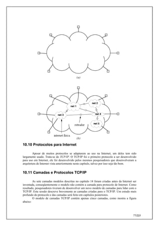 77/223
10.10 Protocolos para Internet
Apesar de muitos protocolos se adaptarem ao uso na Internet, um deles tem sido
largamente usado. Trata-se do TCP/IP. O TCP/IP foi o primeiro protocolo a ser desenvolvido
para uso em Internet, ele foi desenvolvido pelos mesmos pesquisadores que desenvolveram a
arquitetura de Internet vista anteriormente neste capítulo, talvez por isso seja tão bom.
10.11 Camadas e Protocolos TCP/IP
As sete camadas modelos descritas no capítulo 14 foram criadas antes da Internet ser
inventada, conseqüentemente o modelo não contém a camada para protocolo de Internet. Como
resultado, pesquisadores tiveram de desenvolver um novo modelo de camadas para lidar com o
TCP/IP. Esta sessão descreve brevemente as camadas criadas para o TCP/IP. Um estudo mais
profundo do protocolo e das camadas será feito em capítulos posteriores.
O modelo de camadas TCP/IP contém apenas cinco camadas, como mostra a figura
abaixo:
 
