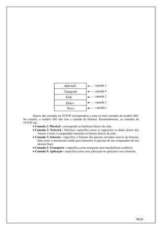 78/223
Quatro das camadas no TCP/IP correspondem a uma ou mais camadas do modelo ISO.
No entanto, o modelo ISO não tem a camada de Internet. Resumidamente, as camadas do
TCP/IP são:
 Camada 1: Physical - corresponde ao hardware básico da rede;
 Camada 2: Network - Interface: especifica como se organizam os dados dentro dos
frames e como o computador transmite os frames através da rede;
 Camada 3: Internet - especifica o formato dos pacotes enviados através da Internet,
bem como o mecanismo usado para transmitir os pacotes de um computador até seu
destino final;
 Camada 4: Transporte - especifica como assegurar uma transferência confiável;
 Camada 5: Aplicação - especifica como uma aplicação ou aplicativo usa a Internet.
 