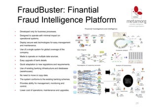 FraudBuster: Finantial
Fraud Intelligence Platform
26
Developed only for business processes.
Designed to operate with minimal impact on
operational systems.
Deploy secure web technologies for easy management
and maintenance.
Use of a single system for global coverage of the
company.
Made to operate on multiple data sources.
Easy upgrade of bank details
Quick adaptation to new regulations and requirements.
Use of existing banking infrastructure and databases
(warehouses).
No need to move or copy data.
The system conforms to the existing banking schemes.
Provides ability for management, monitoring and
control.
Lower cost of operations, maintenance and upgrades.
 