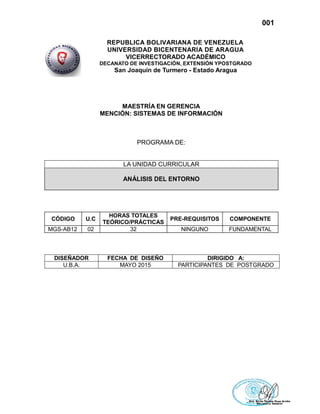001
REPUBLICA BOLIVARIANA DE VENEZUELA
UNIVERSIDAD BICENTENARIA DE ARAGUA
VICERRECTORADO ACADÉMICO
DECANATO DE INVESTIGACIÓN, EXTENSIÓN YPOSTGRADO
San Joaquín de Turmero - Estado Aragua
MAESTRÍA EN GERENCIA
MENCIÓN: SISTEMAS DE INFORMACIÓN
PROGRAMA DE:
LA UNIDAD CURRICULAR
ANÁLISIS DEL ENTORNO
CÓDIGO U.C
HORAS TOTALES
TEÓRICO/PRÁCTICAS
PRE-REQUISITOS COMPONENTE
MGS-AB12 02 32 NINGUNO FUNDAMENTAL
DISEÑADOR FECHA DE DISEÑO DIRIGIDO A:
U.B.A. MAYO 2015 PARTICIPANTES DE POSTGRADO
 