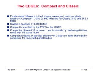 Two EDGEs: Compact and Classic

s Fundamental difference is the frequency reuse and minimum startup
  spectrum: Compact (1/3 and 2x 600 kHz) and for Classic (4/12 and 2x 2.4
  MHz)
s Classic is specified by ETSI SMG2
s Compact is specified by the PDFG of the UWCC
s Compact achieves 4/12 reuse on control channels by combining 4/4 time
  reuse with 1/3 space reuse
s Compact achieves 2x spectral efficiency of Classic on traffic channels by
  combining 1/3 reuse with partial loading




10-2001         GSM 2.5G Migration: GPRS v1.28 (c)2001 Scott Baxter   5 - 105
 