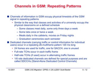Channels in GSM: Repeating Patterns

s Channels of information in GSM occupy physical timeslots of the GSM
  signal in repeating patterns
    • Similar to the way that classes and activities of a university occupy the
      physical classrooms on a defined schedule
        – Some classes meet daily, some only three days a week
        – Some labs once or twice a week
        – Meals daily in the cafeteria, movies on Friday nights
        – Graduation ceremonies each semester
s Dedicated channels (carrying traffic or control information for individual
  users) occur in a repeating 26-multiframe pattern 120 ms long
    • 24 frames are used for traffic, one for SACCH, one is unused
    • Full-rate TCHs occur in each traffic frame
    • Half-rate TCHs (if used) occur in alternating traffic frames
    • 1/8 rate dedicated channels are defined for special purposes and are
      called SDCCHs (Stand-Alone Dedicated Control Channels)


10-2001          GSM 2.5G Migration: GPRS v1.28 (c)2001 Scott Baxter     5 - 12
 